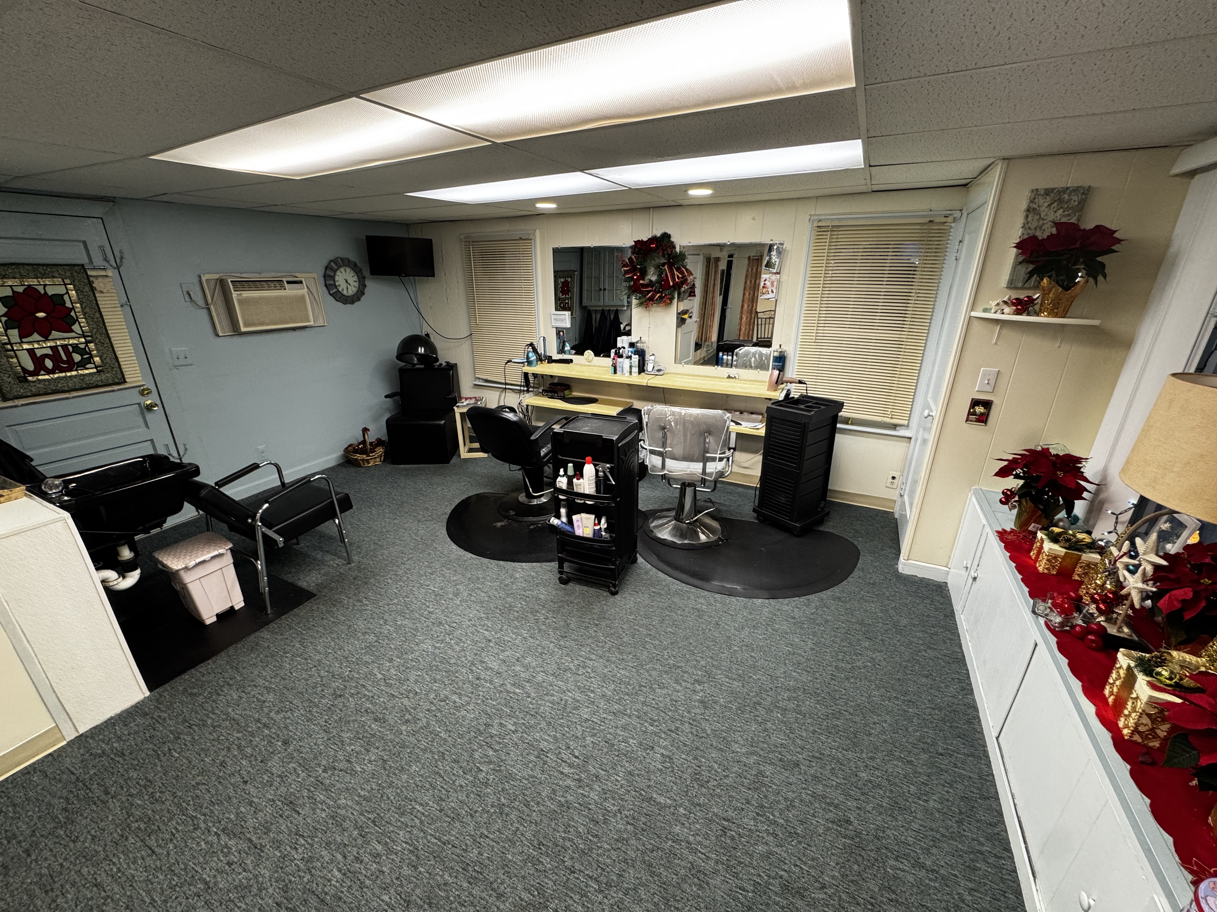 Styling area of Modern Beauty Salon featuring professional equipment and comfortable seating